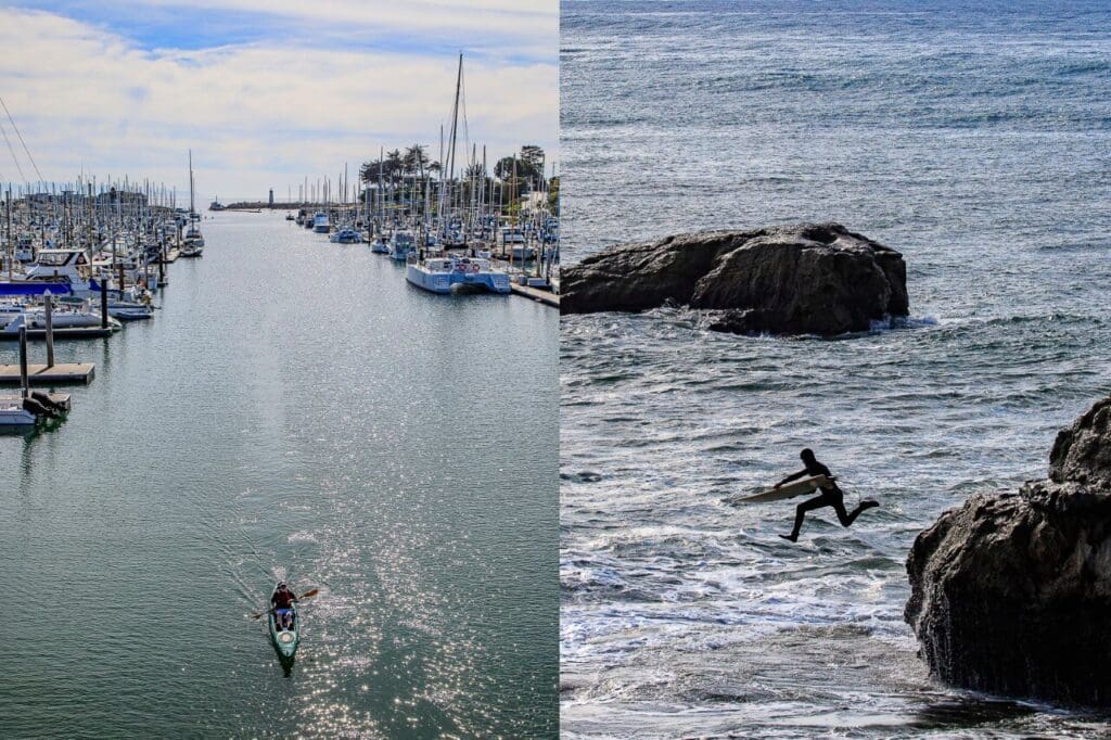 Kayaking and surfing by a harbor.