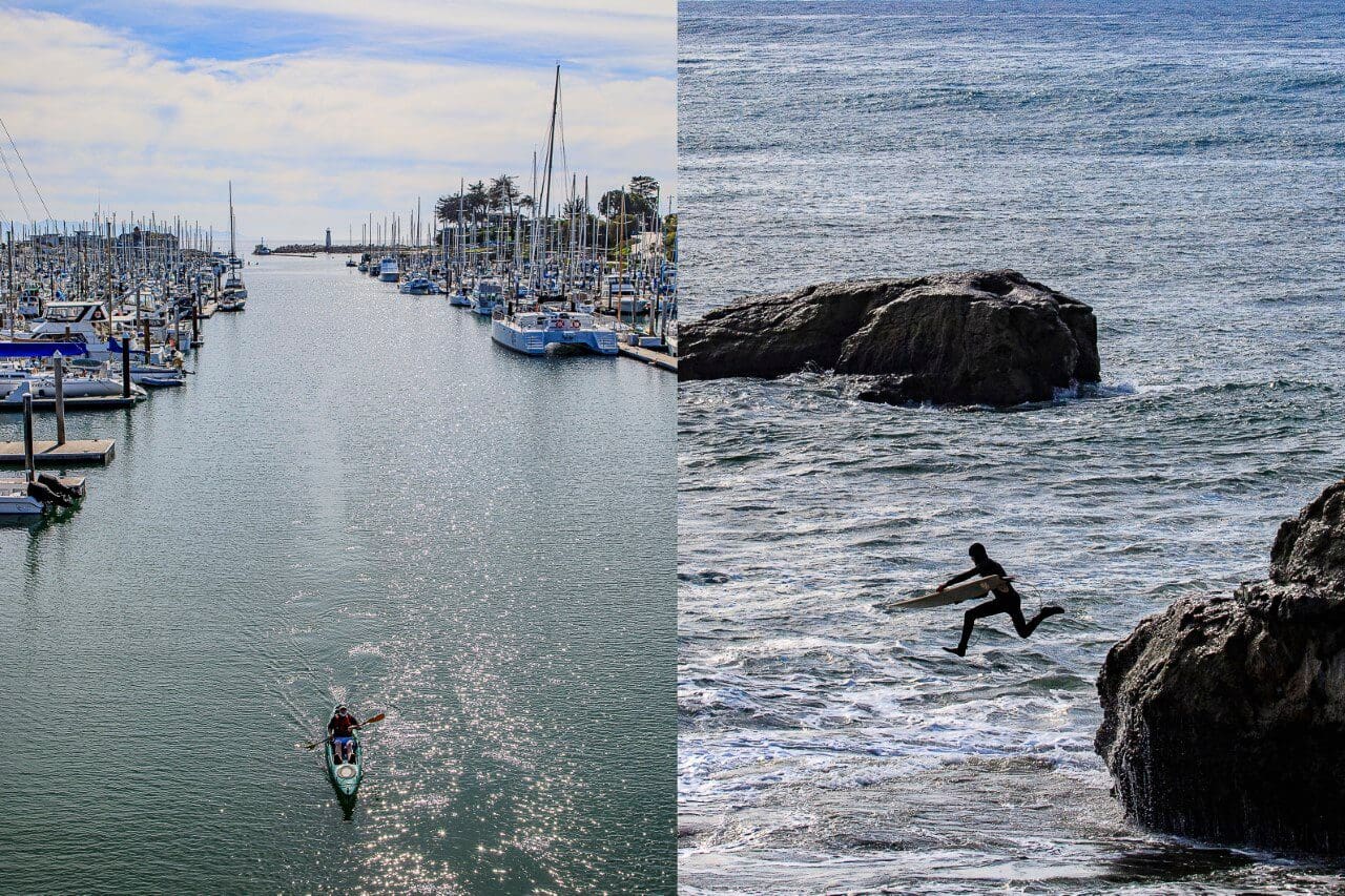 2022ZarembaHardwareCalendar-11-227bf30 (1) Kayaking and surfing by a harbor.