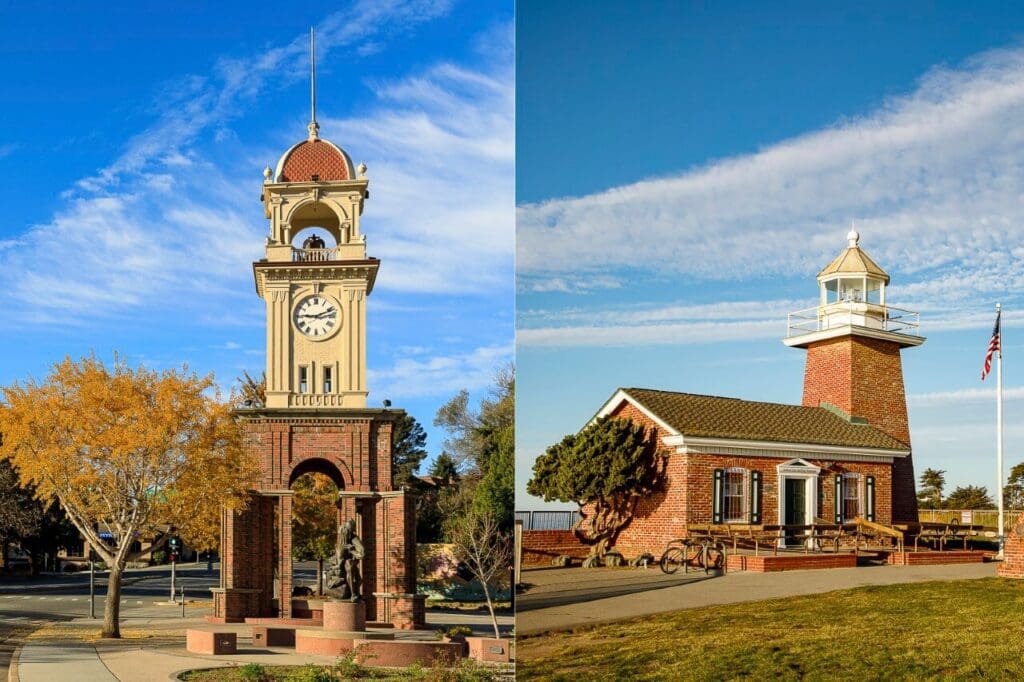 Two brick buildings with clock towers.