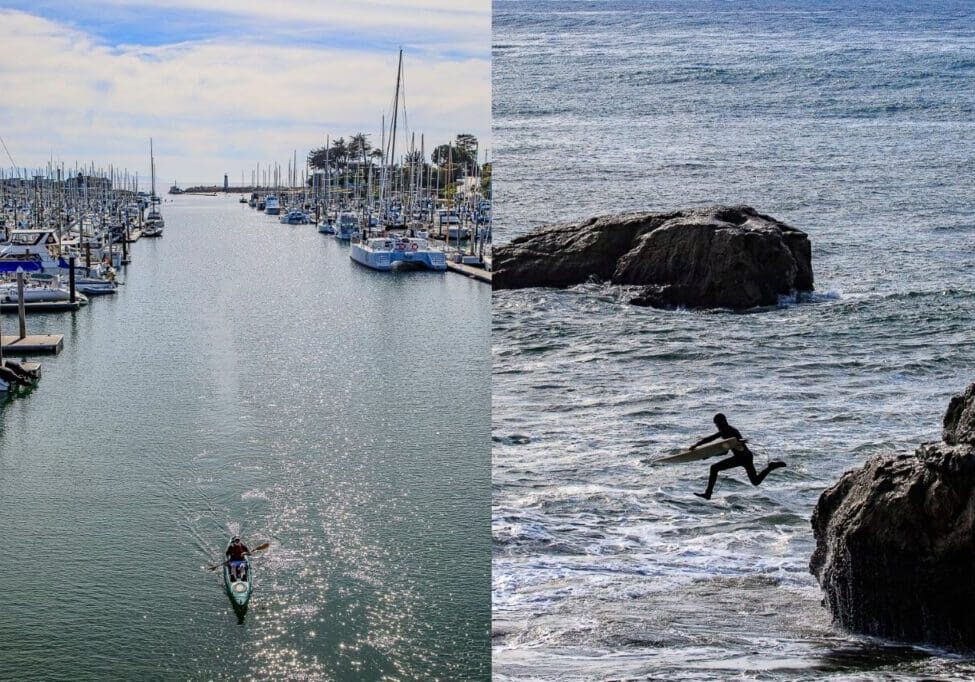 Kayaking and surfing by a harbor.
