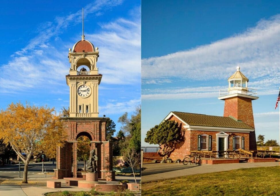 Two brick buildings with clock towers.